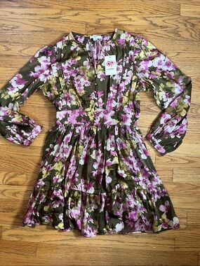 Women’s Floral Olive Green & Pink Satin Mini Dress Sz M NWT